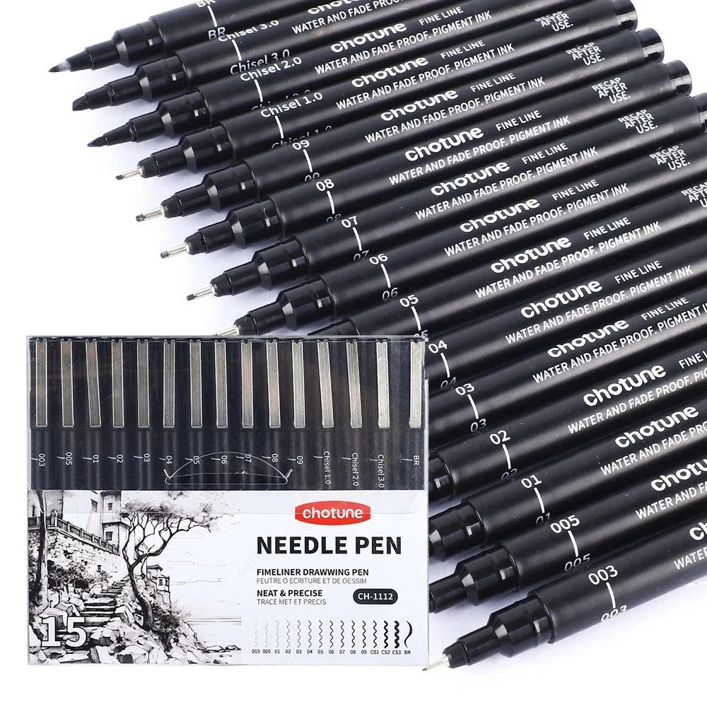 Correction Pen Fine - Черные микроручки, 15 размеров, водонепроницаемые архивные